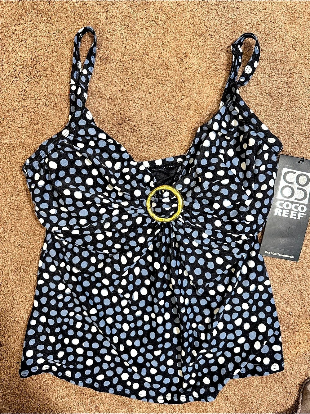 Coco Reef Polka Dot Top in Black/Blue/ White 34D NWT Gold Hardware